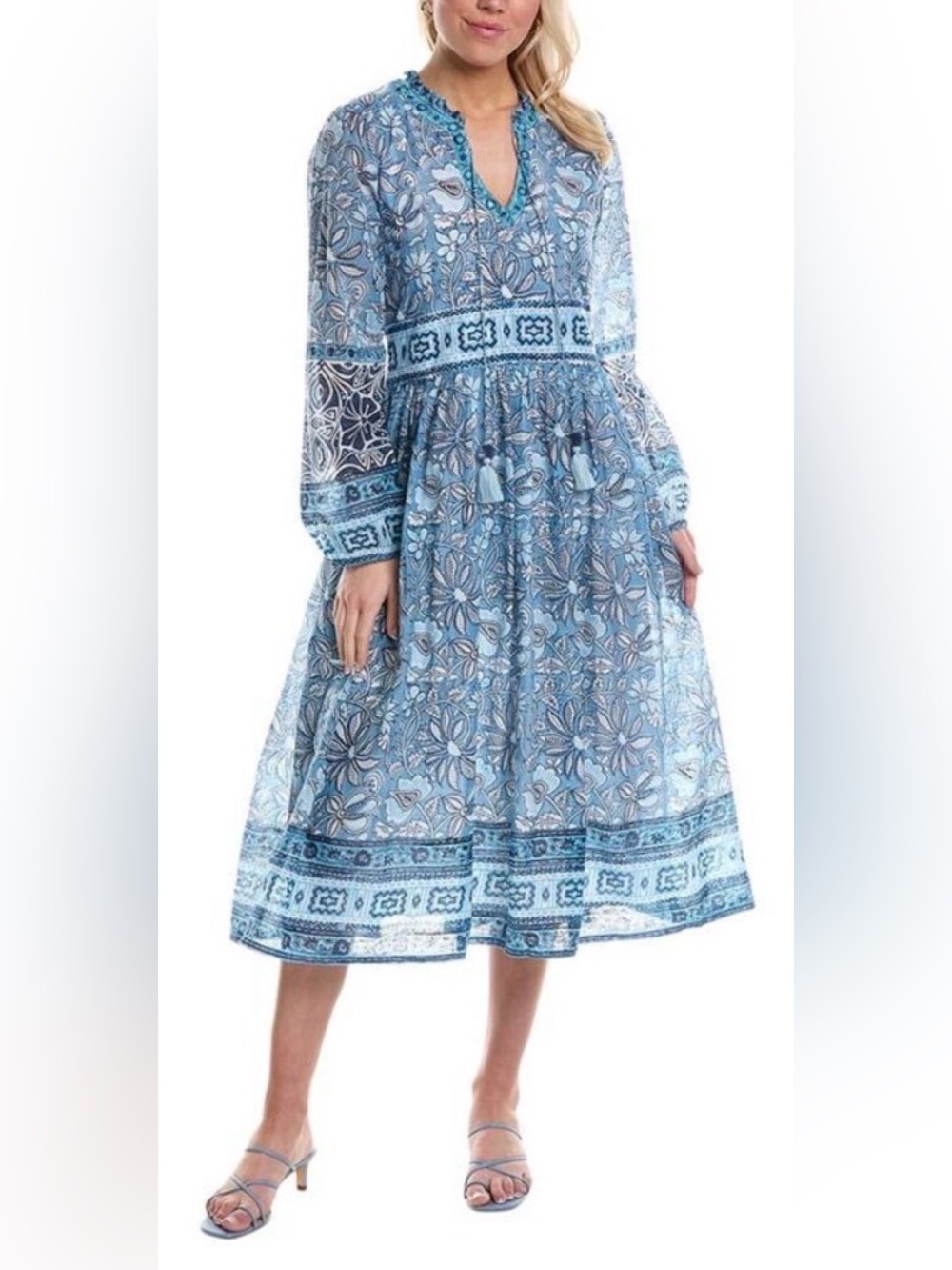 NWT Bella Tu Nicki Floral All Over Print Blue Beaded Midi Dress, size L